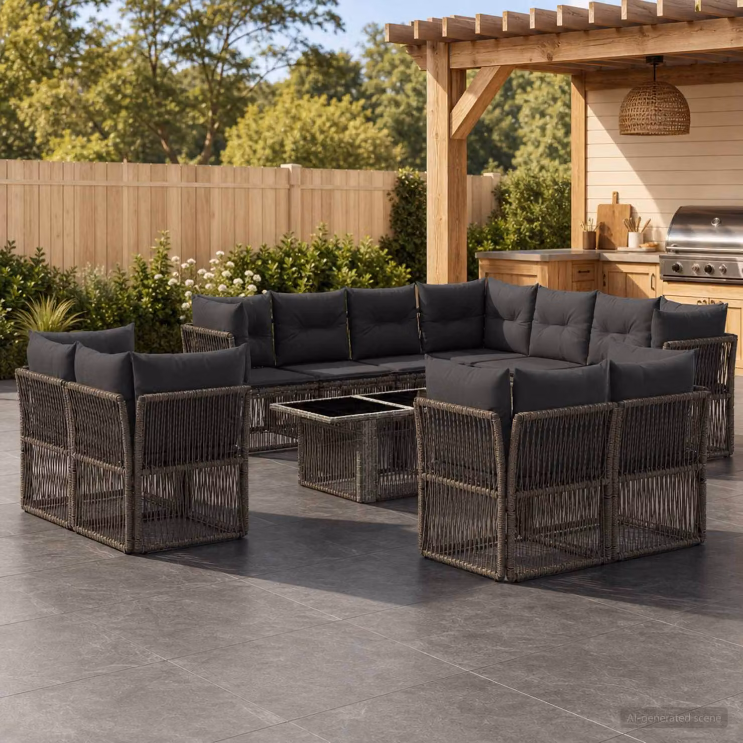 Set Divano da Giardino vidaXL 12 pz a Forma a U in Polyrattan Grigio con Tavolino e Cuscini Imbottiti