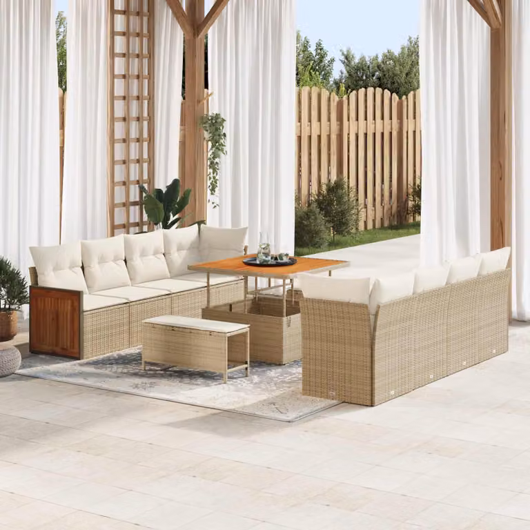 Set Divano da Giardino vidaXL 11 Pezzi L-Shape Beige e Bianco con Cuscini e Tavolino