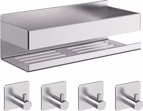 Ripiano da doccia in acciaio inossidabile 304 rinforzato, autoadesivo, con 4 ganci, per bagno e cucina.