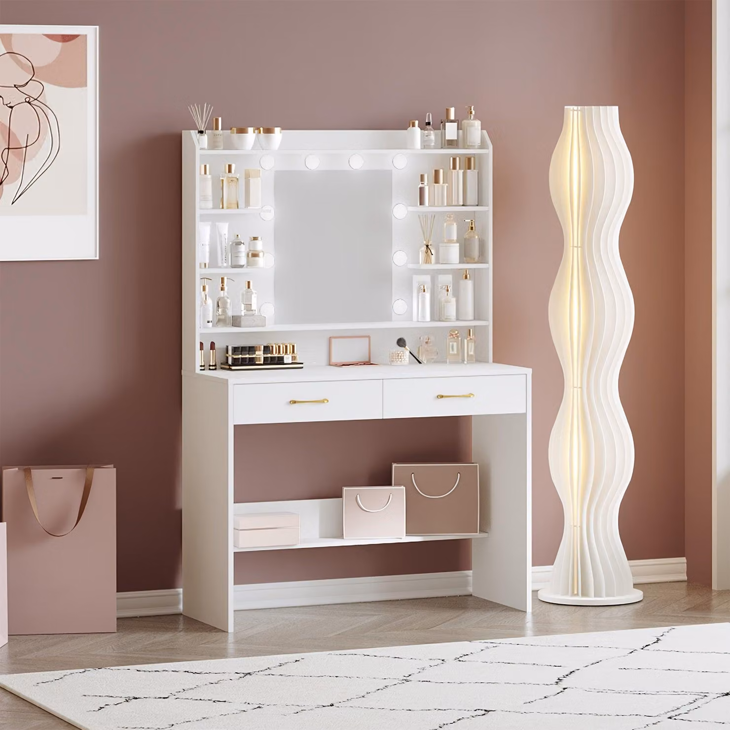 Comò da trucco - Comò - Cassettiera da trucco - Tavolino da trucco - Cassettiera decorativa - Bianco - Illuminazione regolabile