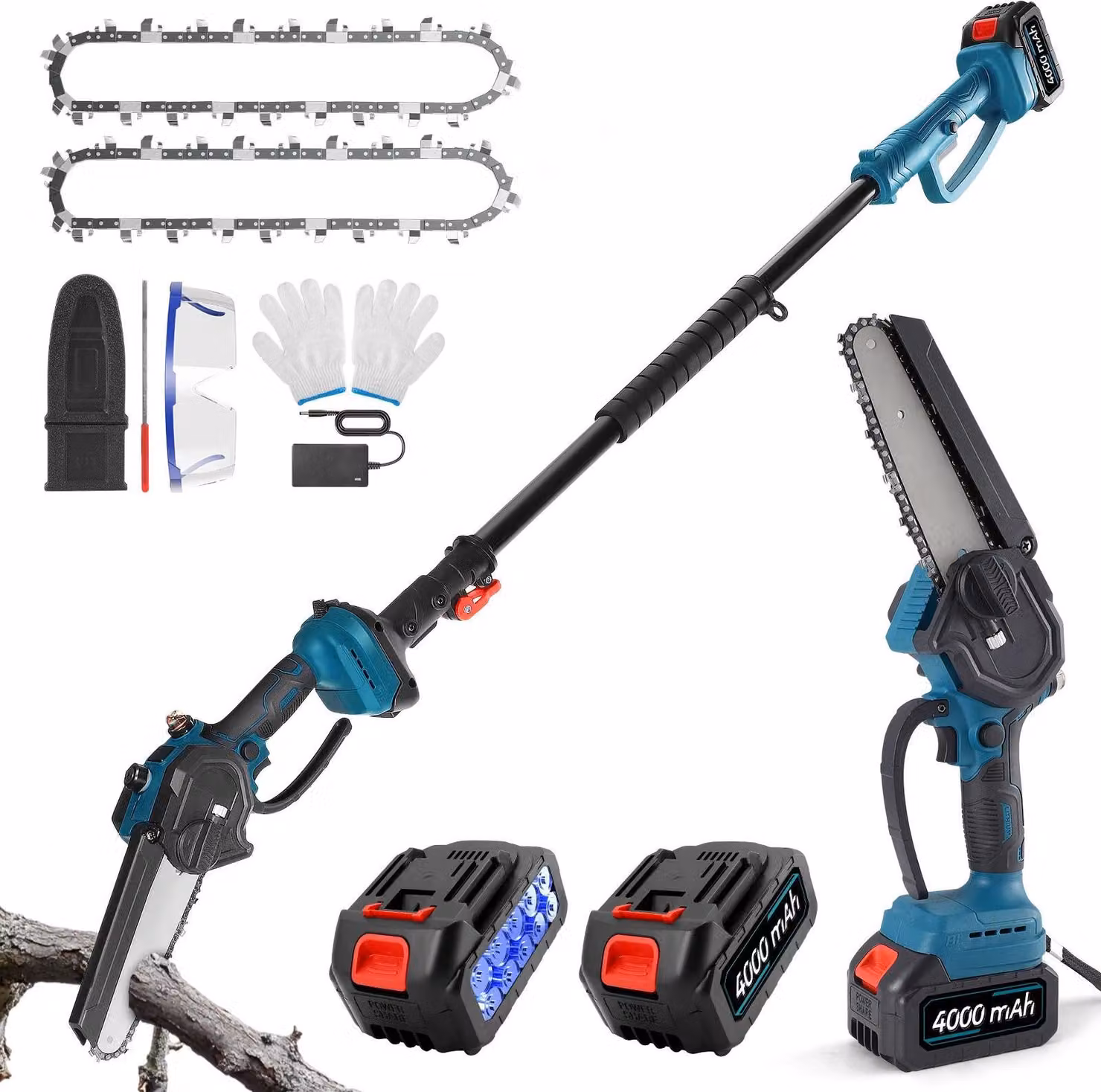 Motosega elettrica 2 in 1 - Potatore telescopico - Lama da 15 cm - Compatibile con batteria da 18 V - Potatura alberi e cura dei rami - Blu