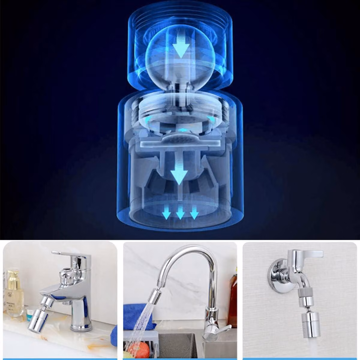 Miscelatore per lavabo, aeratore, spruzzatore a doppia funzione, attacco a 2 flussi, paraspruzzi, ugello orientabile a 360°, rubinetto con filtro per l'acqua in ottone cromato