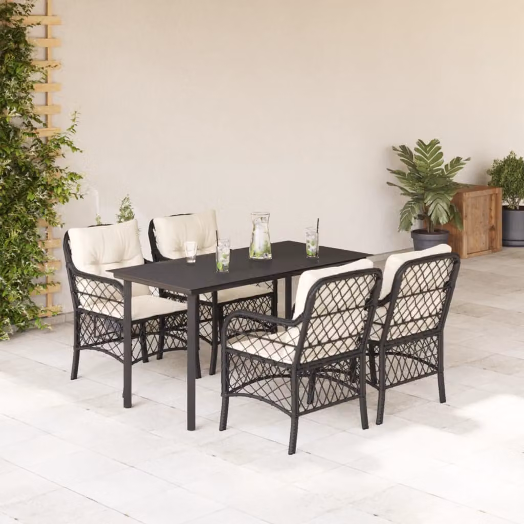 Set da Pranzo da Giardino vidaXL in Polyrattan Nero con Cuscini e Tavolo in Vetro 5 pz – 1