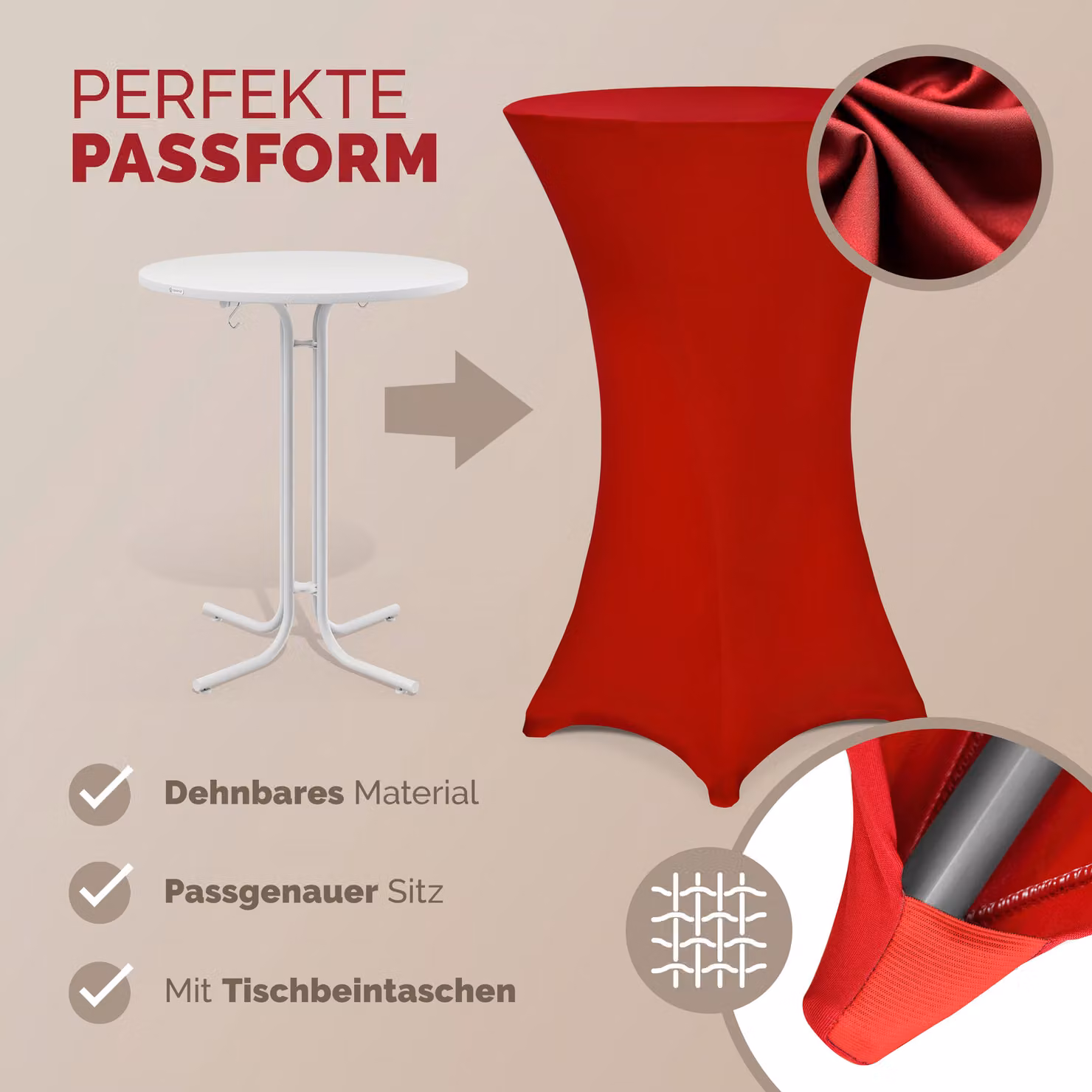 Copritavolo elastico in poliestere ed elastan rosso con tecnologia Detex lavabile Ø60 cm – 3