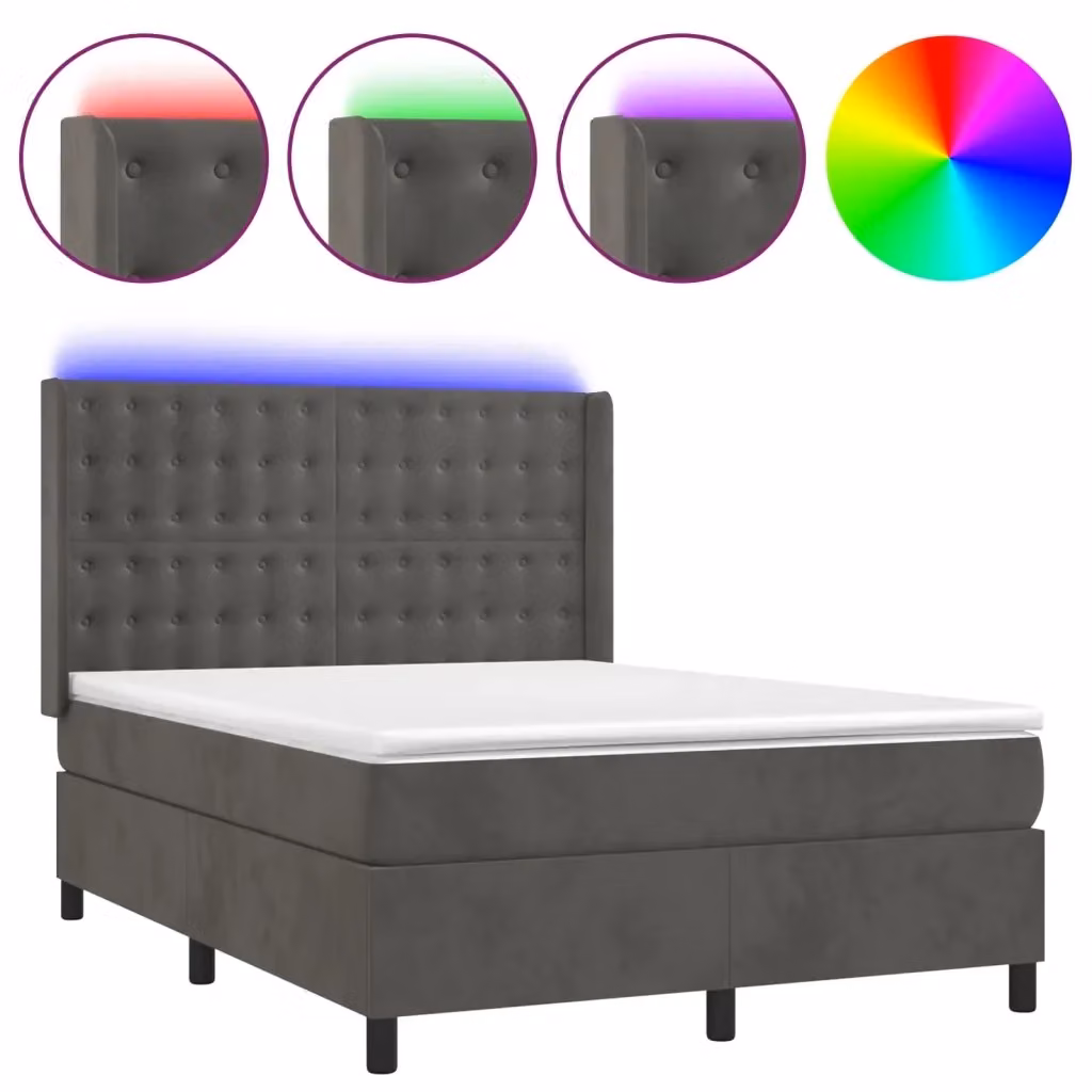 Letto a Molle con Materasso Ibrido e LED vidaXL in Velluto Grigio L/P/H: 140 x 200 x 147 cm – 2
