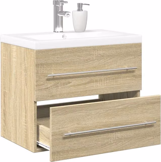 Set Mobili da Bagno vidaXL 2 Pezzi in Legno Rovere e Ceramica Bianca, Moderno e da Appendere, L: 60,0 cm, P: 38,5 cm, H: 48,0 cm