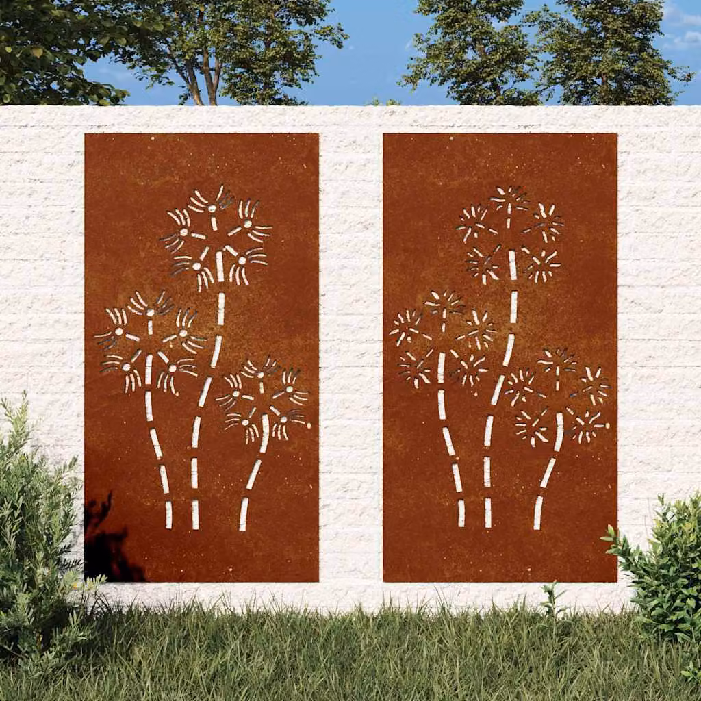 Set di 2 decorazioni da muro per giardino vidaXL in acciaio corten color marrone con motivo floreale, L: 105 cm, H: 55 cm