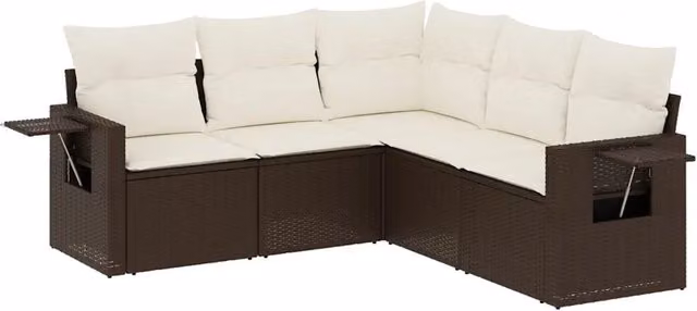 Set Divano da Giardino 5 pz | Set Salotto da Giardino con Cuscini Marrone in Polyrattan
