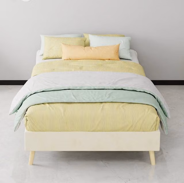 Letto singolo 90x200 cm beige in tessuto e metallo, struttura a supporti multipli, senza materasso