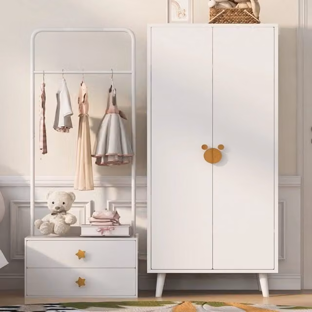 Armadio 2 ante con spazio per appendere e vano inferiore per camera da letto in MDF colore bianco con piedini rialzati