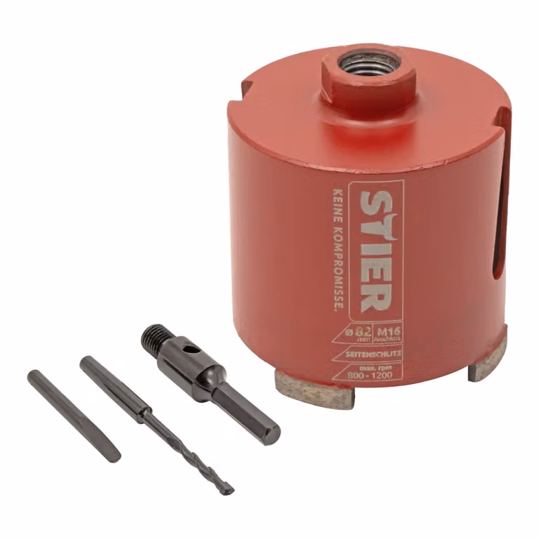 STIER Set di frese diamantate per prese M16, esagonali, diametro: 82 mm, profondità di foratura: 60 mm, fresa per prese, corona di foratura per prese, fresa a corona