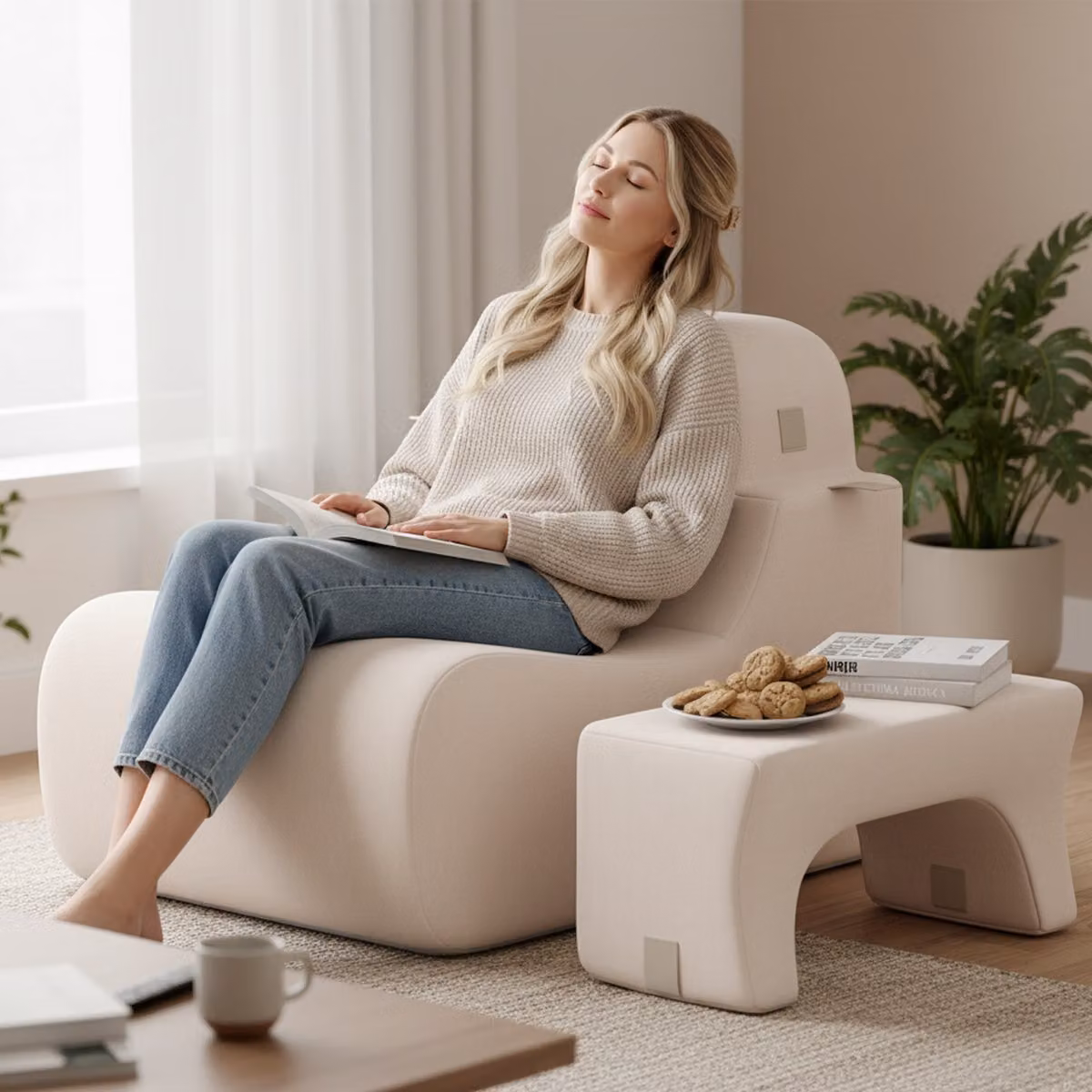 Sedia da pavimento Costway per adulti, divano pigro moderno in tessuto beige con poggiatesta staccabile