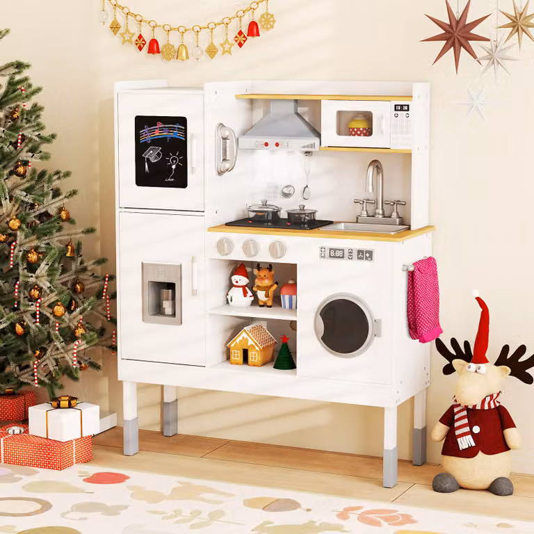 Cucinetta in legno naturale Costway per bambini con cappa, macchina del ghiaccio e suoni realistici, disponibile in bianco o marrone