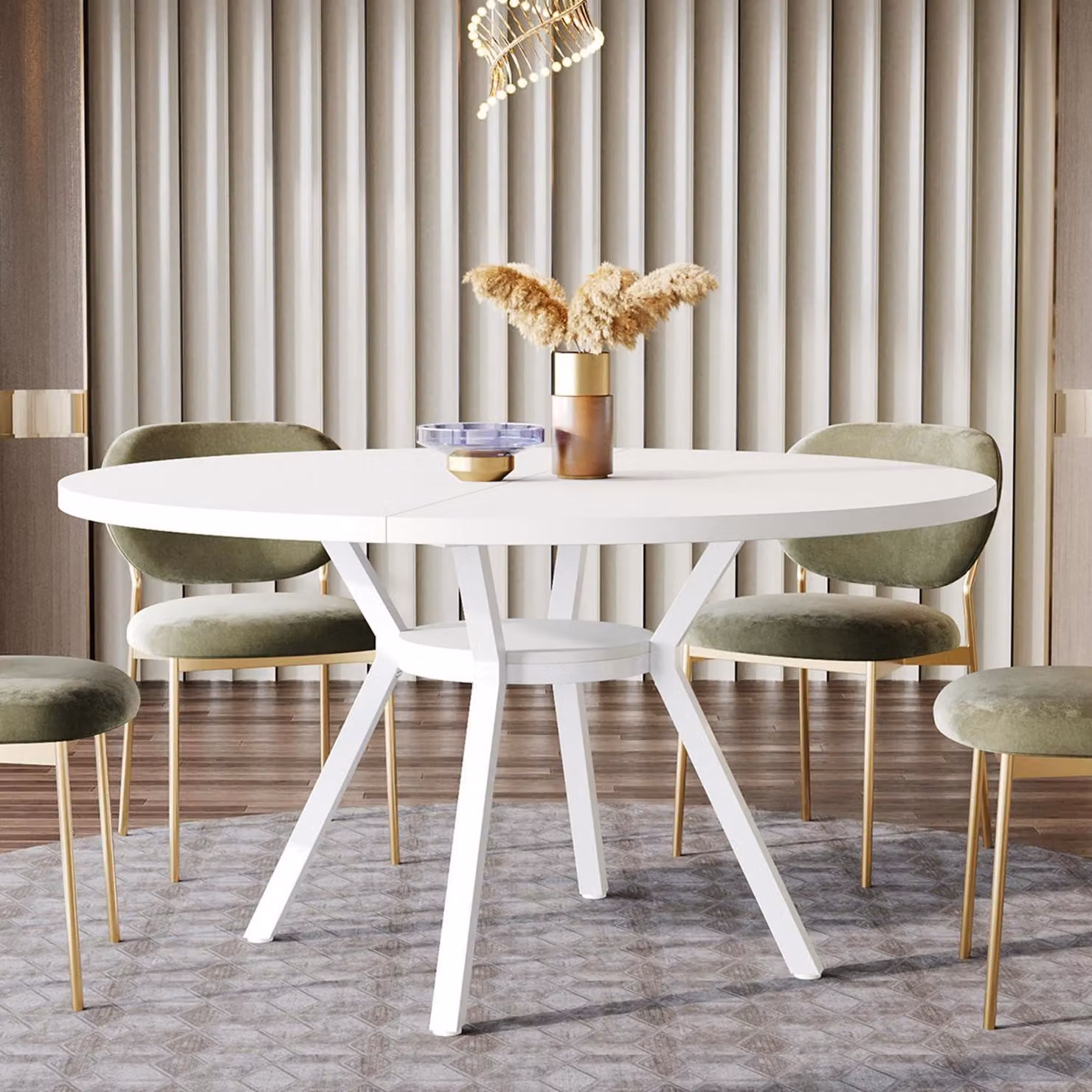 Tavolo rotondo da pranzo per 4 persone, diametro 120 cm, bianco, con gambe in metallo e ripiano portaoggetti