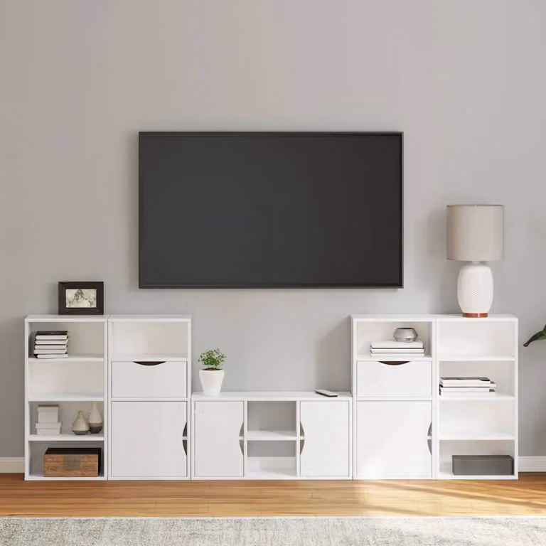 Set Mobile TV ODDA da 5 pezzi con Contenitore vidaXL in Legno di Pino Bianco Rustico L: 140 cm, P: 40 cm, H: 79 cm