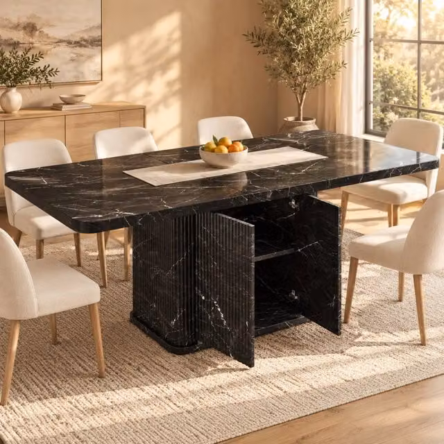 Tavolo da pranzo allungabile 140-180x80 cm con vano contenitore; MDF e metallo nero effetto marmo