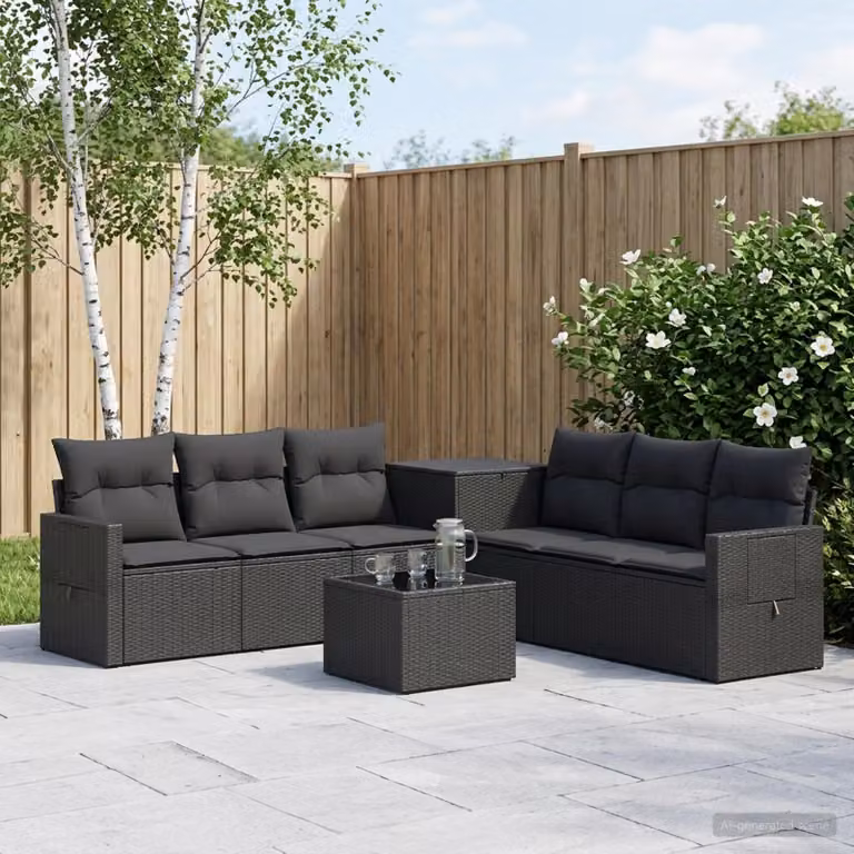 Set di divani da giardino vidaXL a forma di U composto da 8 pezzi in rattan e acciaio nero con cuscini inclusi