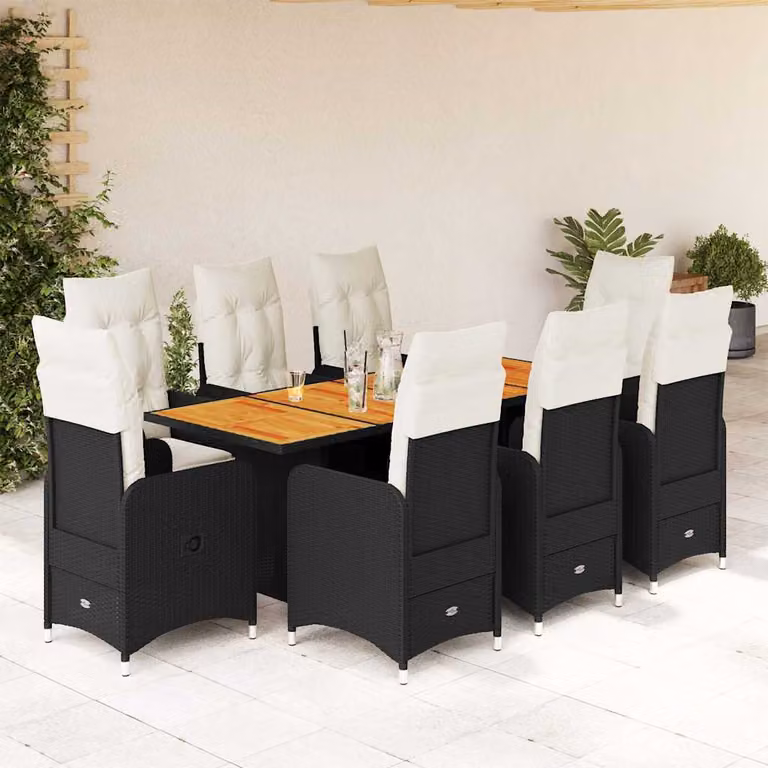 vidaXL Set Bistrò da Giardino 9 pz in Polyrattan e Legno di Acacia con Cuscini Nero e Bianco