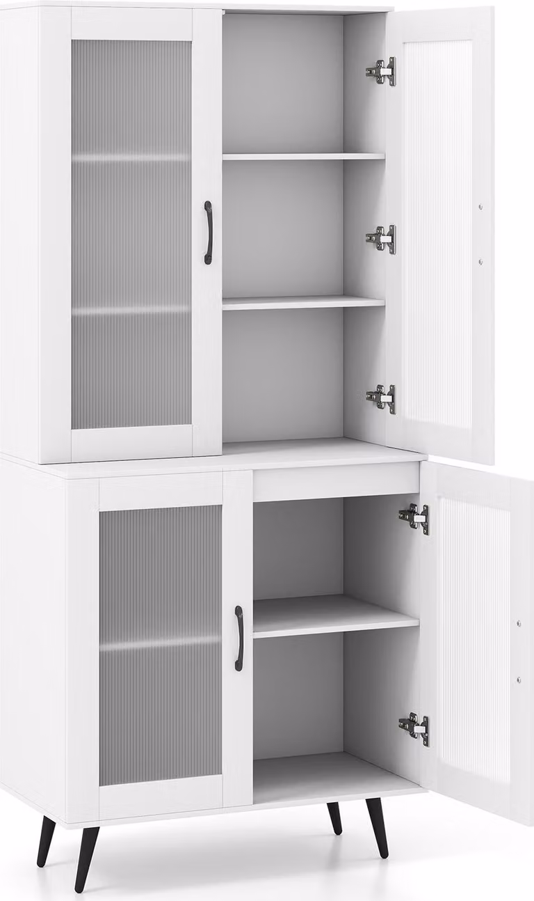 Credenza alta da cucina, 178,5 cm, mobile contenitore con 4 ante trasparenti, ripiano regolabile, gambe in metallo, sistema antiribaltamento, ripiano, bianco