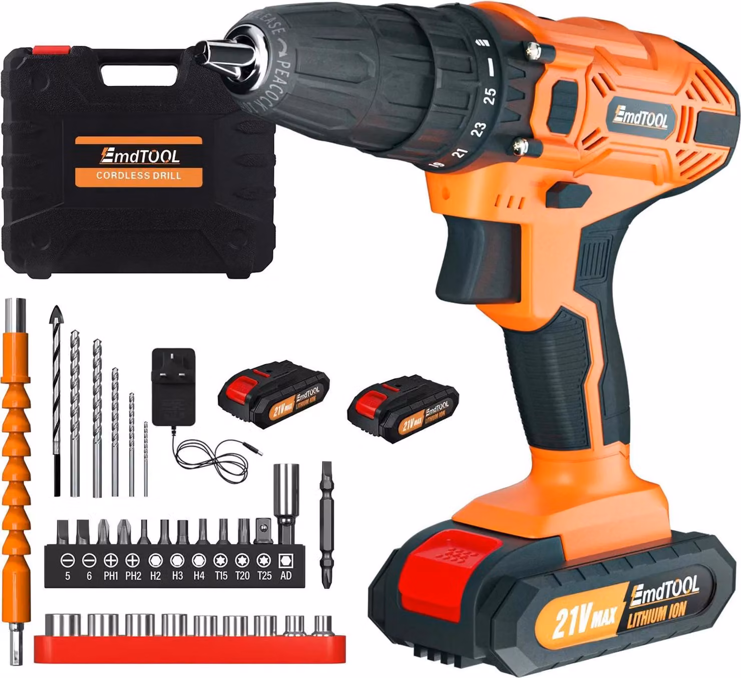 Avvitatore a batteria e trapano - Set combinato avvitatore-trapano da 21 V - 200 Nm - 2 batterie agli ioni di litio da 1,5 Ah - 25+1 livelli di coppia - 2 velocità 0–400/1400 giri/min - Mandrino a innesto rapido 0,8–10 mm