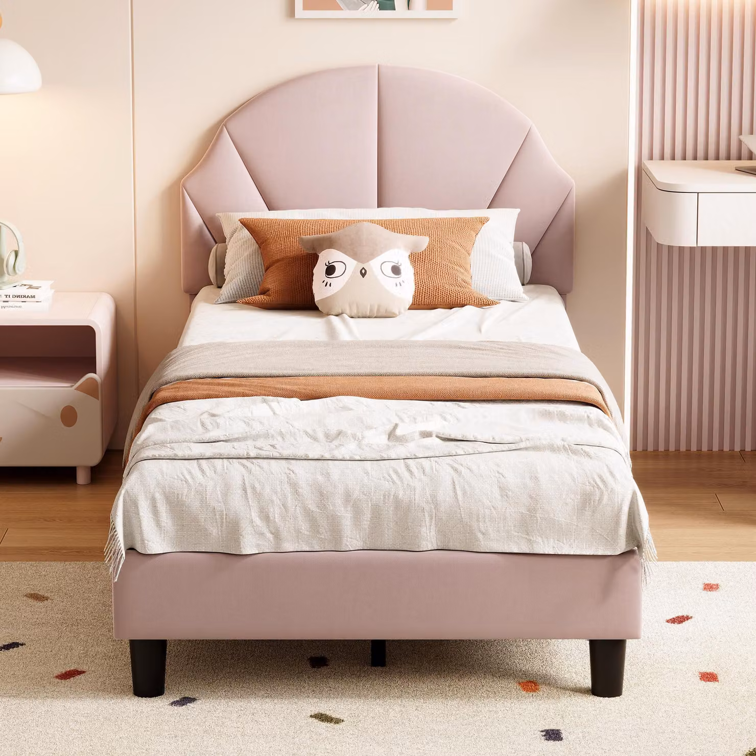 Letto imbottito per bambini UnboxG 90x200cm, struttura letto singolo con rete a doghe e schienale, simpatica testata semicircolare, letto imbottito, velluto, letto per bambine, rosa