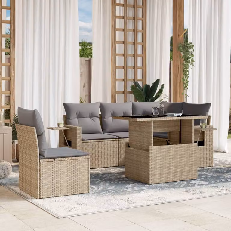 Set Divano da Giardino vidaXL 6 pz in Polyrattan con Cuscini Beige e Tavolino per Terrazza e Giardino