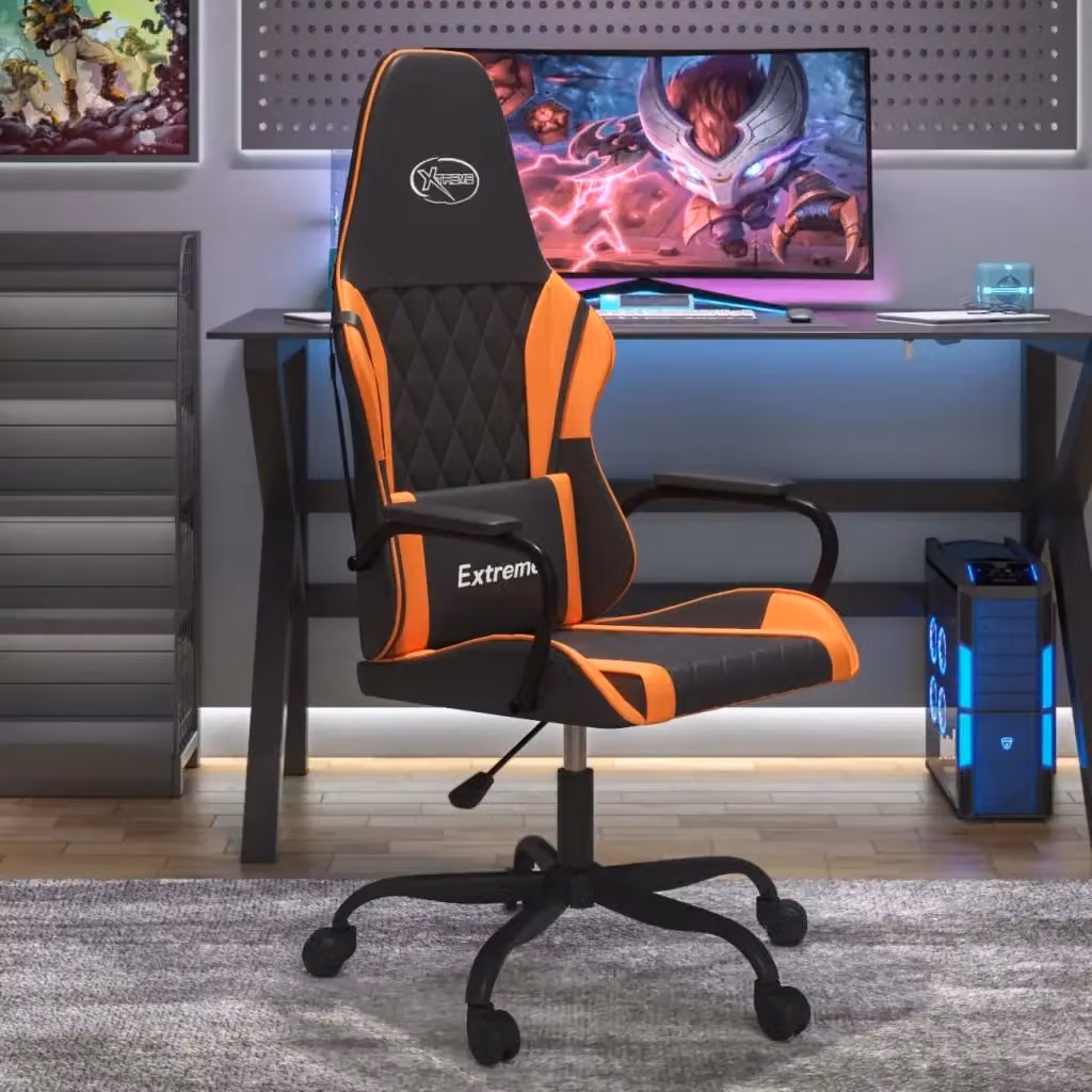 Sedia da Gaming Sportiva in Similpelle Nero e Arancione con Poggiatesta e Ruote – 2