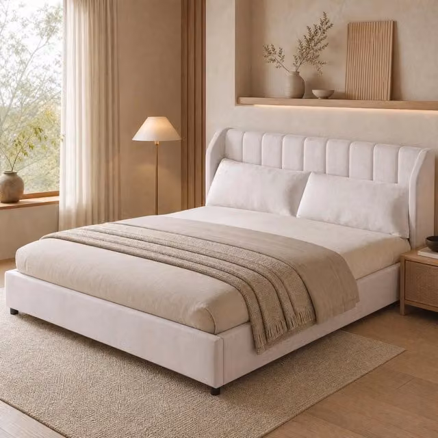 Letto imbottito 180x200 cm beige in flanella con rete a doghe
