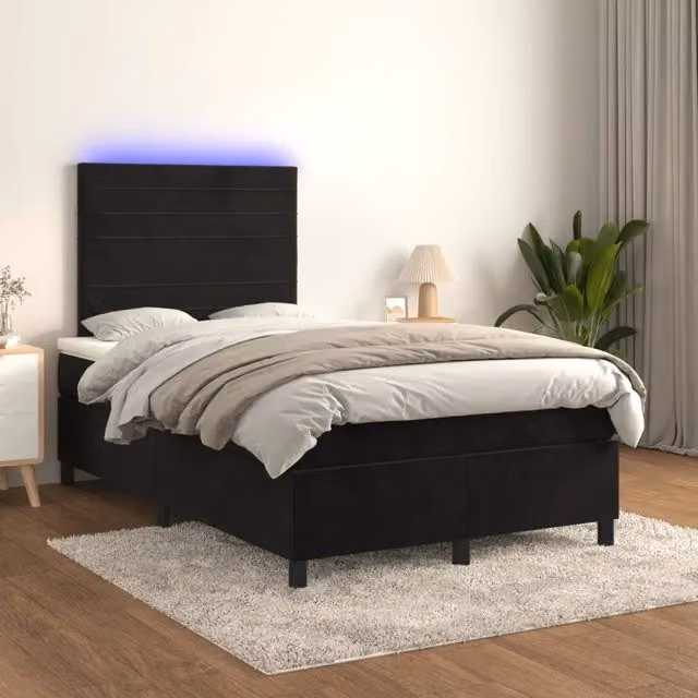 Letto matrimoniale moderno vidaXL in velluto nero con materasso ibrido, illuminazione LED sottostante e porta USB, L/P/H: 120 x 200 x 128 cm
