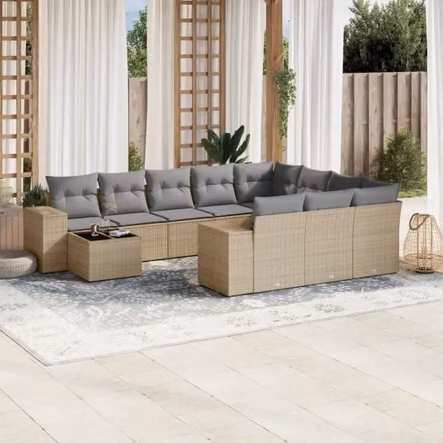 vidaXL Set Divani da Giardino 11 pz in Polyrattan con Cuscini Beige e Tavolino da Esterno – 1