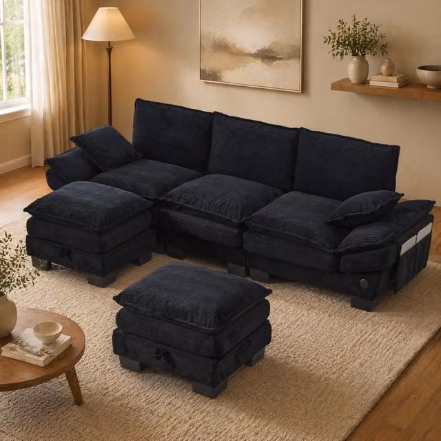 Divano modulare 3 posti con 2 pouf; USB-C; tessuto corduroy nero; 260x132x84 cm