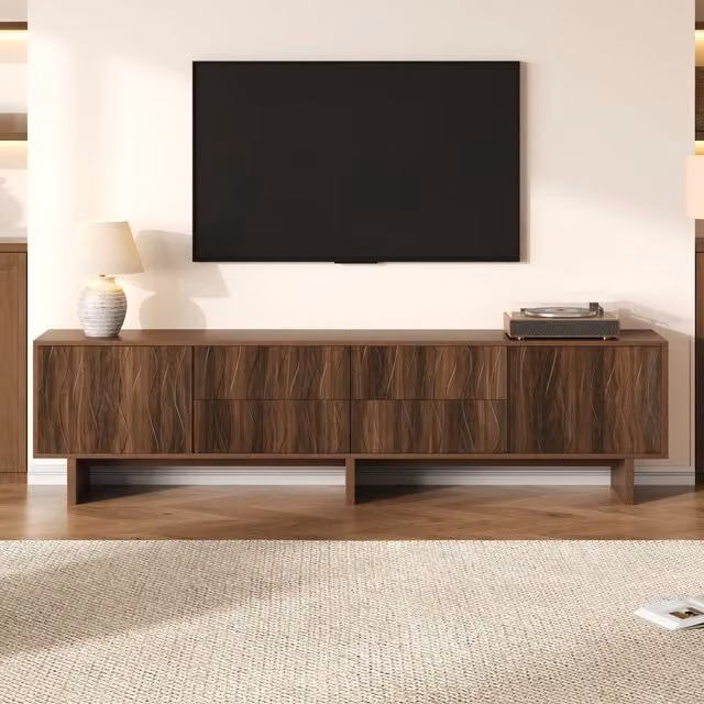Mobile TV Mivray moderno in legno noce con design ondulato, 4 cassetti e 2 ante per TV fino a 75 pollici, L/P/H: 180 x 40 x 56 cm