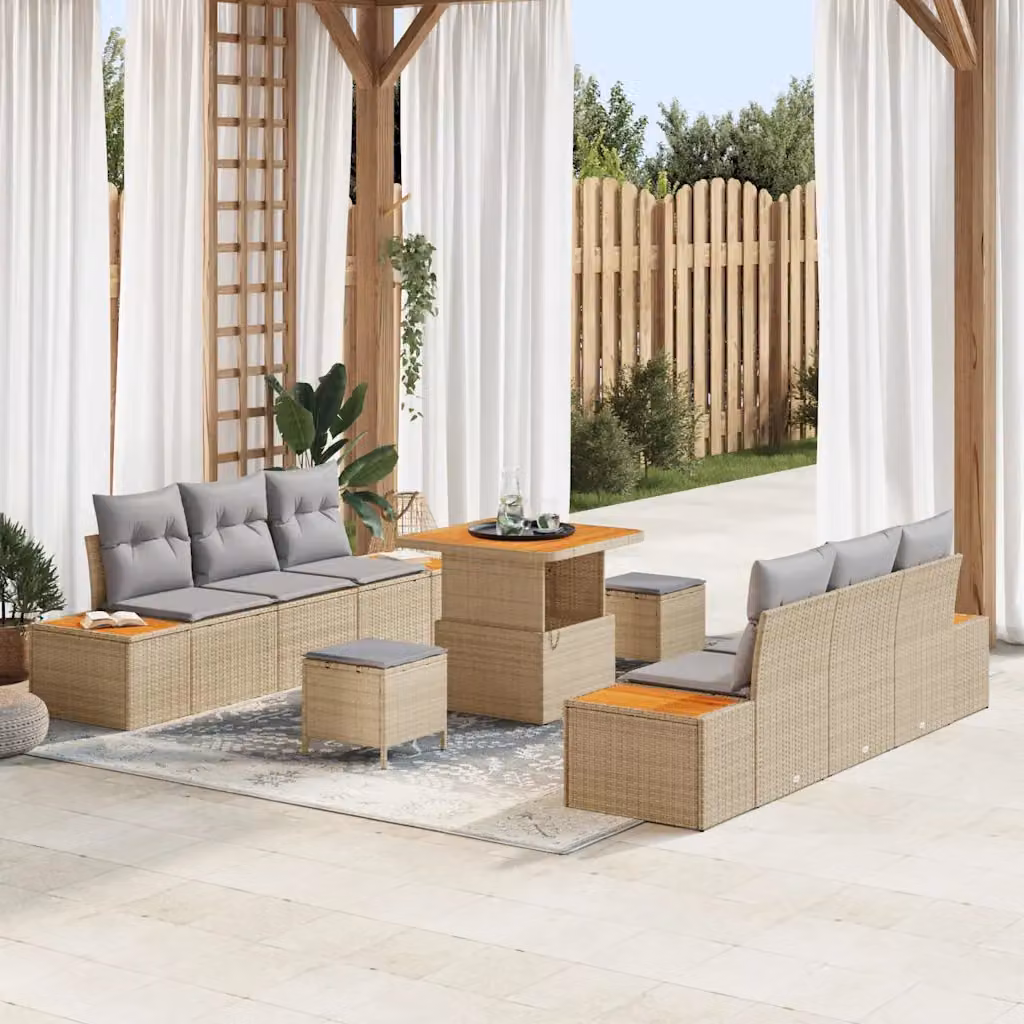 Set Divano da Giardino vidaXL 9 Pezzi Beige con Cuscini e Tavolino in Rattan e Acciaio – 1