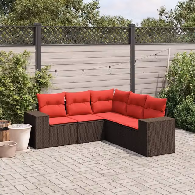 Set Divani da Giardino 5 pz con Cuscini Marrone in Polyrattan 3222553