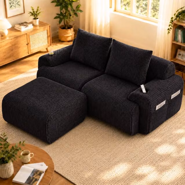 Divano modulare 2 posti in corduroy nero con portabicchieri e tasca laterale 200x174x80 cm