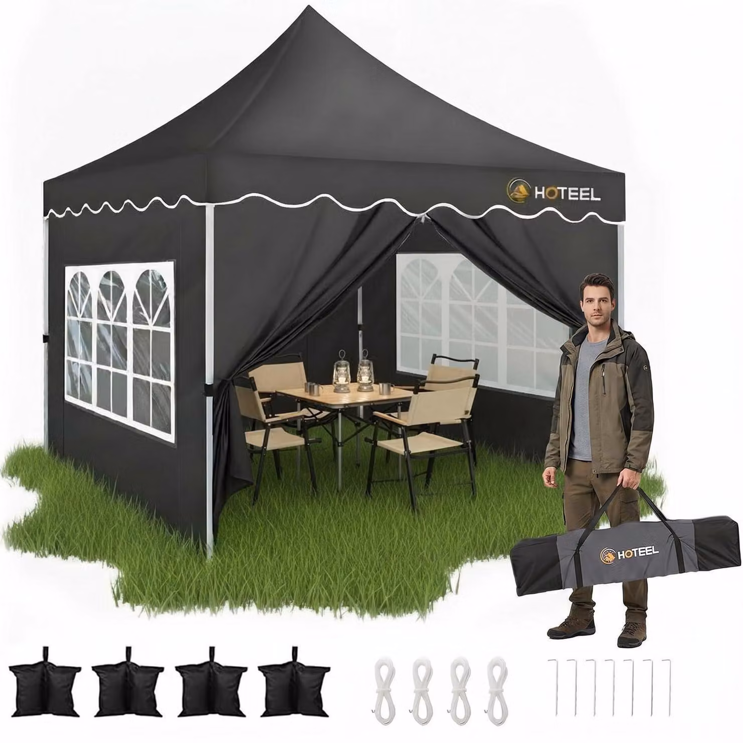 Gazebo da esterno 3x3 metri, colore nero, impermeabile, con protezione UV 50+ e dotato di 4 pareti laterali
