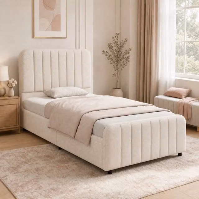 Letto per bambini 90x200 cm con contenitore idraulico e rete in lino beige