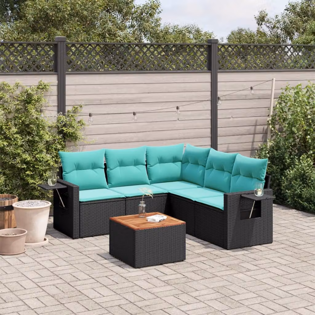 Set di divani da giardino vidaXL a forma di L in polyrattan nero con cuscini blu e tavolino da esterno per 6 persone