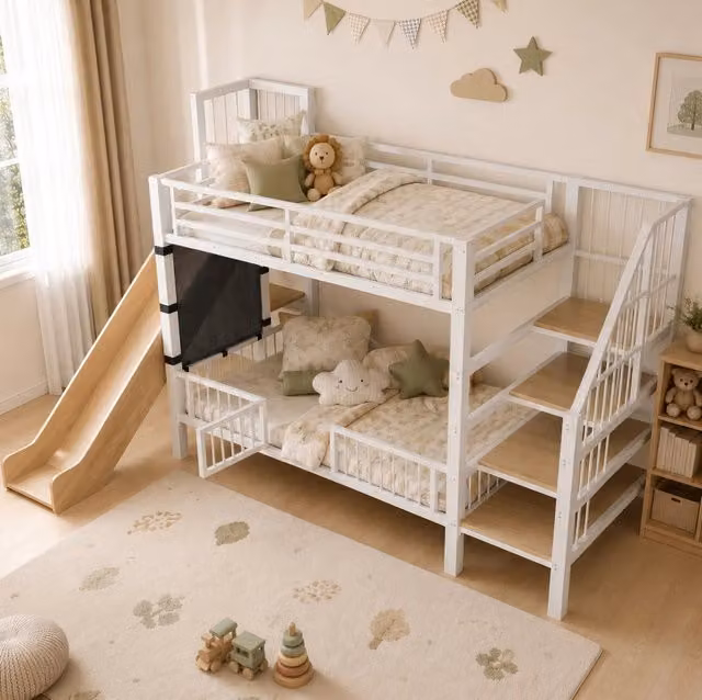 Letto a soppalco per bambini in metallo con scivolo; scala contenitore e ripiani 90 x 200 cm bianco