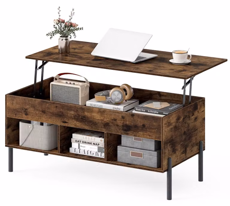 Tavolino KOMFOTTEU con piano sollevabile, tavolino laterale regolabile in altezza con spazio contenitivo, tavolino da soggiorno con ripiano aperto e vano nascosto, tavolino da caffè per soggiorno e ufficio, dimensioni 100 x 50 x 59 cm