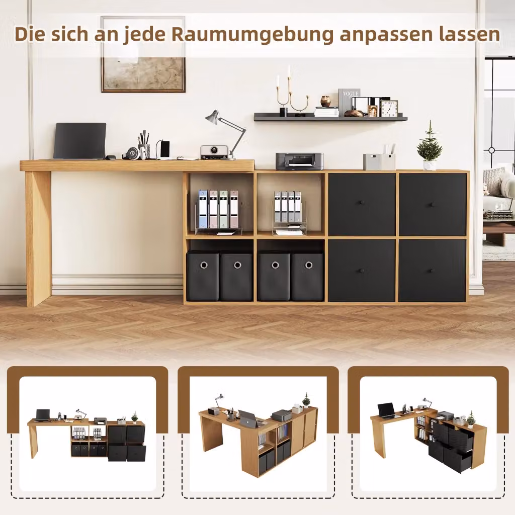 Scrivania angolare moderna REDOM con piano girevole e cassettiera, finitura opaca in MDF, Nero/Marrone, L: 120 cm, P: 48 cm, H: 78 cm