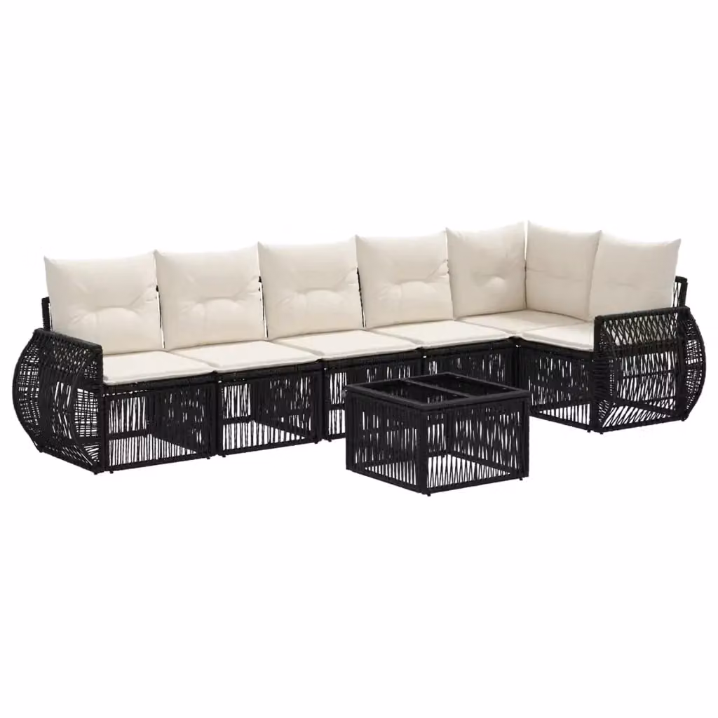 Set Divano da Giardino a L con Tavolino vidaXL, 7 Pezzi, Nero e Bianco Crema, Polyrattan e Acciaio Verniciato a Polvere con Cuscini Inclusi – 2