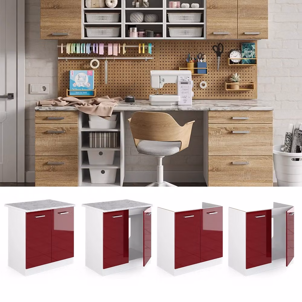 Base per lavello Vicco R-Line bordeaux lucido con ante, senza piano di lavoro, L: 80 cm – 2