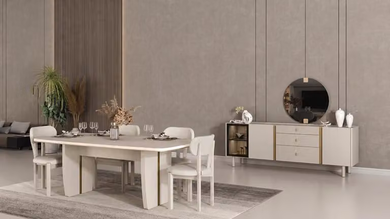 Set moderno per sala da pranzo: tavolo, 4 sedie, credenza in legno color beige e specchio