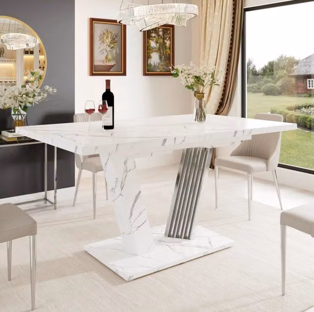 Tavolo da pranzo allungabile ULEVR 120-160x80x76 cm con piano in MDF effetto marmo e piedi regolabili, bianco