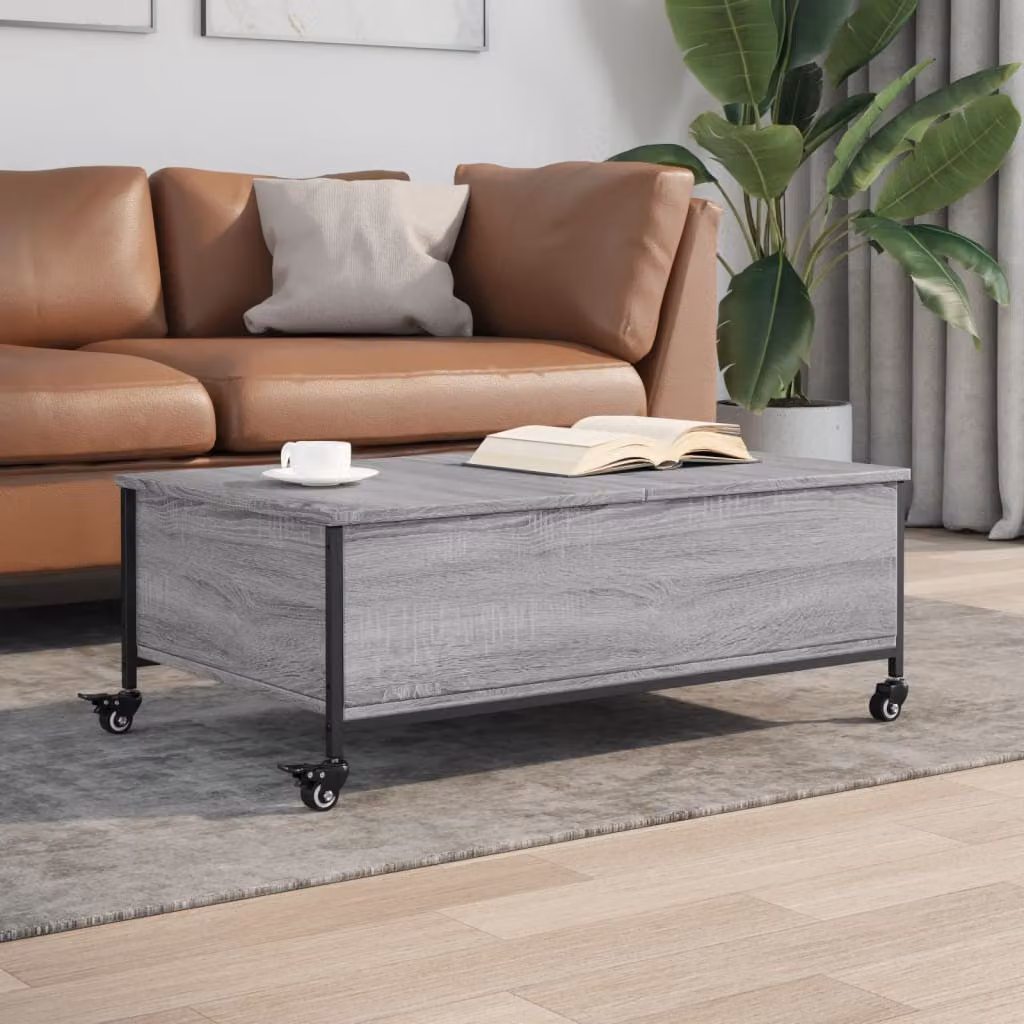 vidaXL Tavolino con Ruote Grigio Sonoma in Legno e Metallo L: 91 cm, P: 55 cm, H: 34 cm
