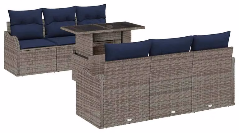 Set da giardino composto da 7 pezzi, colore grigio, realizzato in rattan sintetico