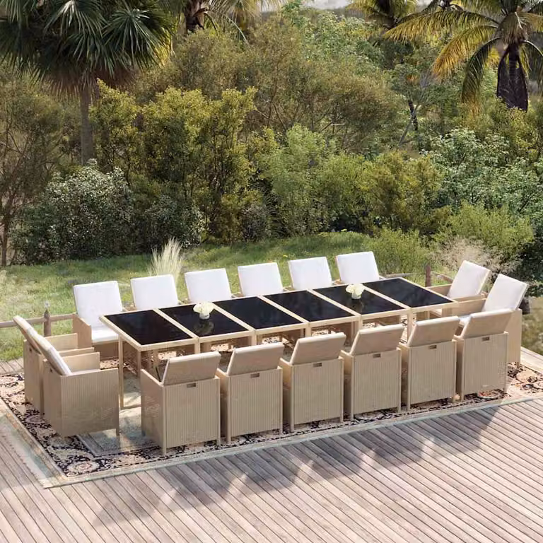 Set da pranzo da giardino vidaXL in polyrattan con cuscini beige e piano in vetro, 17 pezzi