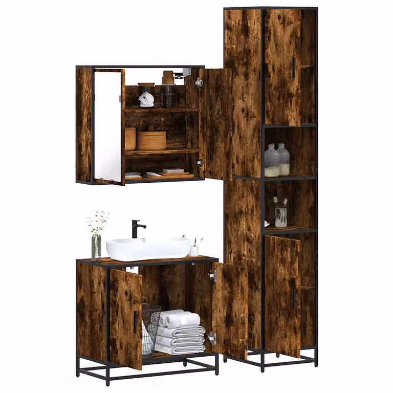 Set di mobili da bagno industrial vidaXL in 3 pezzi color marrone con legno, metallo e vetro, comprensivo di mobile lavabo e armadietto con specchio e illuminazione LED