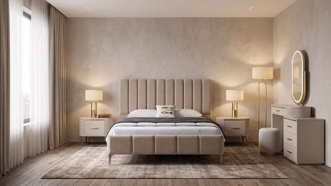 Set moderno per camera da letto, composto da un letto, due comodini e una elegante toeletta